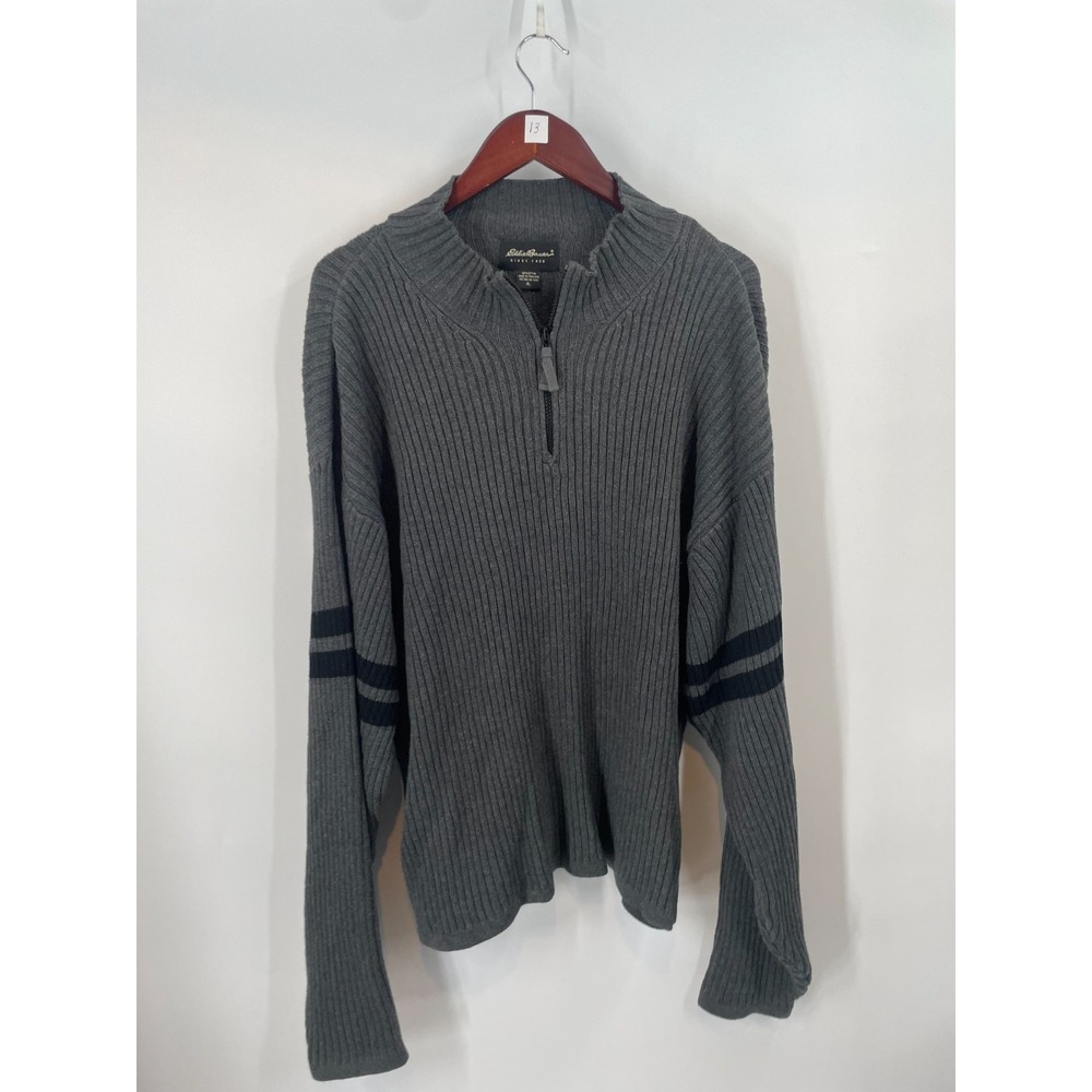 Vintage Eddie Bauer Mens XL Dark Gray Ribbed 1/4 Zip Pullover Cotton Sweater